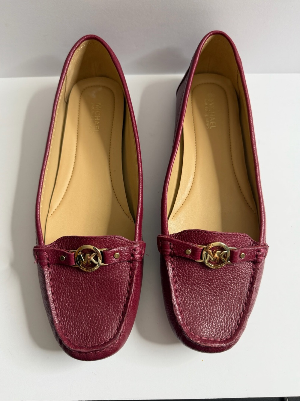 Michael Kors Women's Wine Leather Moccasin Loafers with Gold MK Accent